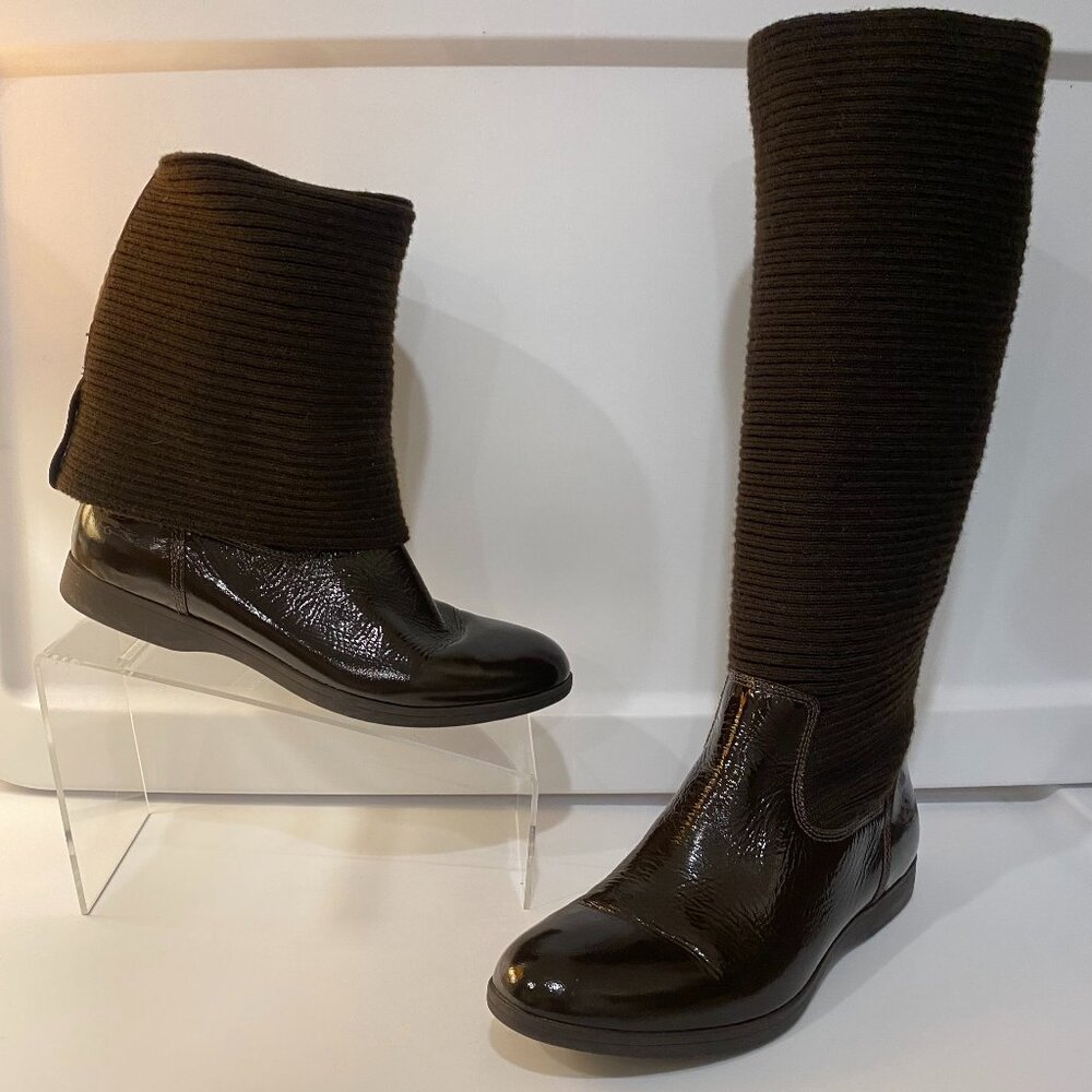 Lacoste Brown Patent Leather Sweater Knit Boots Wear Two Ways Knee-High/Mid-Calf